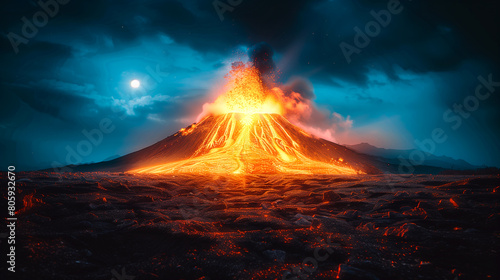 A volcano erupts under the full moon, casting a fiery glow on the landscape