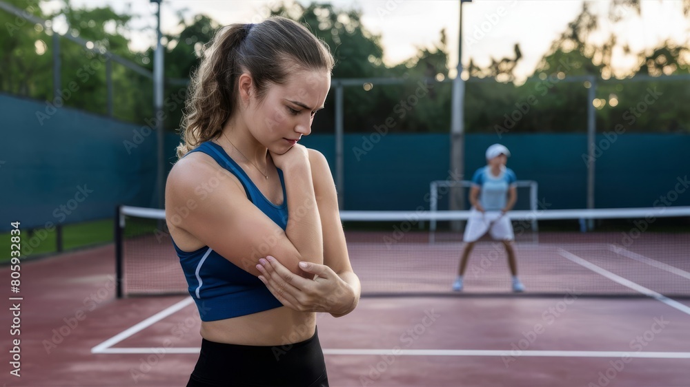 A girl on the tennis court. Young tennis player. Pain in the elbow A girl on the tennis court. Young tennis player. Pain in the elbow