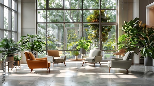 Modern Coworking Lounge: Comfortable Armchairs, Green Plants, Workspace