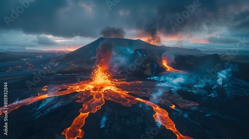 The fierce beauty of an active volcano in Iceland with streams of red lava flowing intothe surrounding black sand and smoke plumes