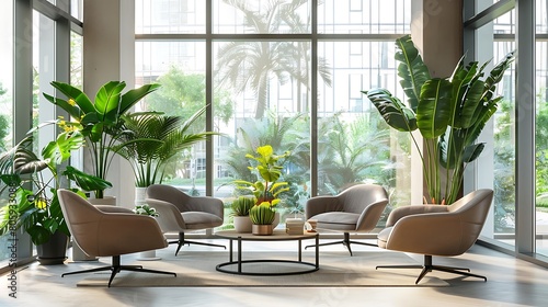Modern Coworking Lounge: Comfortable Armchairs, Green Plants, Workspace