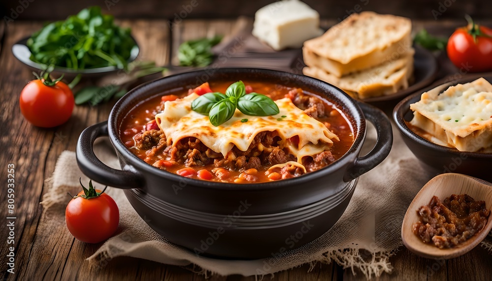 Lasagna soup with ground beef, tomato and cheese