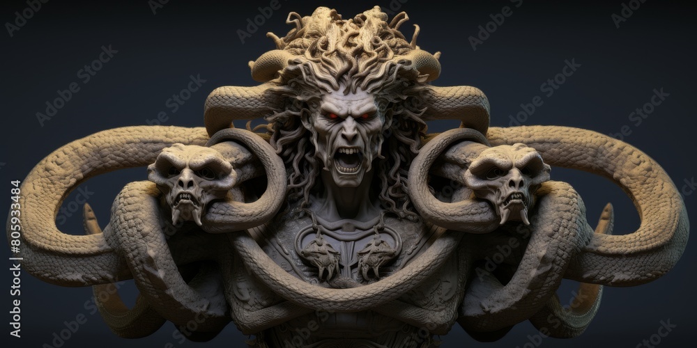 Fearsome mythical creature with horns and snakes Fearsome mythical creature with horns and snakes