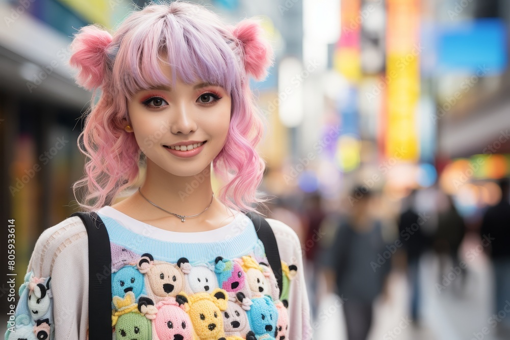 Smiling woman with colorful hairstyle and cute sweater Smiling woman with colorful hairstyle and cute sweater