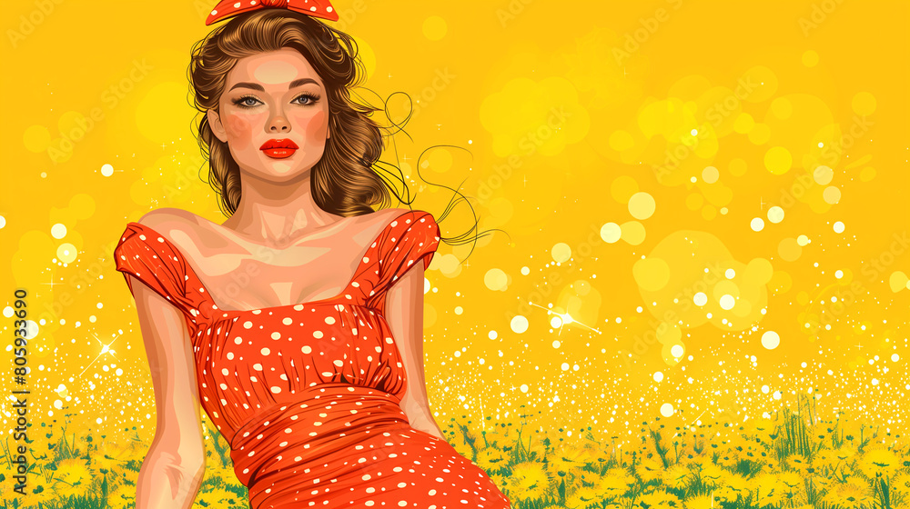 Fashion design of a woman in red dress among yellow dandelions, happy in nature Fashion design of a woman in red dress among yellow dandelions, happy in nature