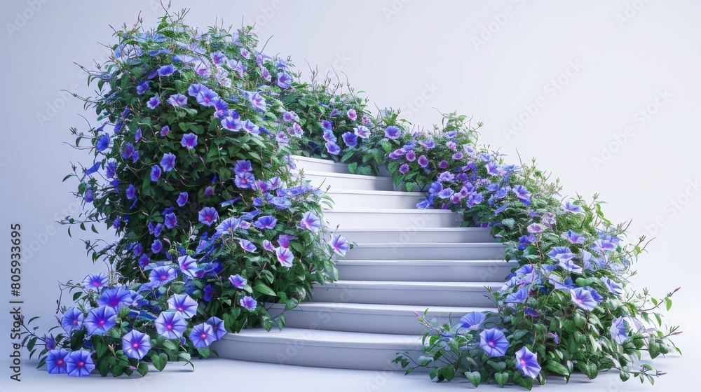 A white staircase with purple flowers growing up the steps