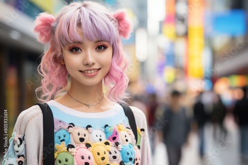 Smiling woman with colorful hairstyle and cute sweater