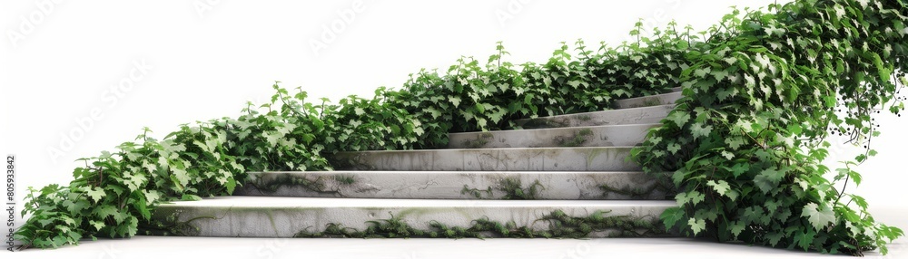 A staircase covered in green ivy