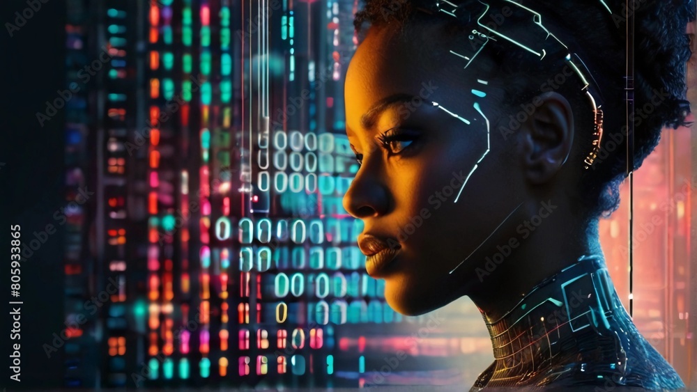 AI cyber security threat illustration, black african american female IT specialist analysing data information technology, augmented reality artificial intelligence collage, side profile, AI cyber security threat illustration, black african american female IT specialist analysing data information technology, augmented reality artificial intelligence collage, side profile,