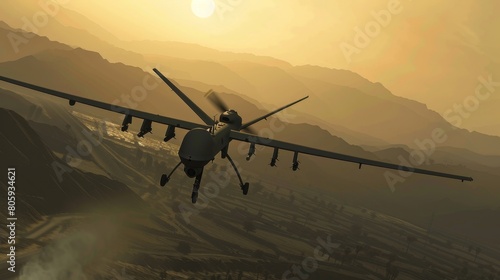 A combat drone patrolling a heavily contested border, sensors scanning for potential threats photo
