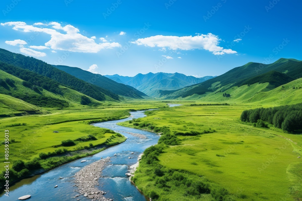 Scenic mountain landscape with green meadows and winding river