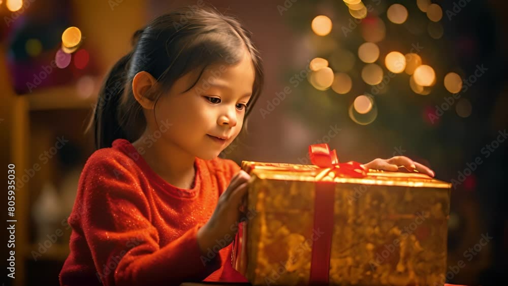 a happy Chinese girl opened the gift box with a surprised expression a happy Chinese girl opened the gift box with a surprised expression