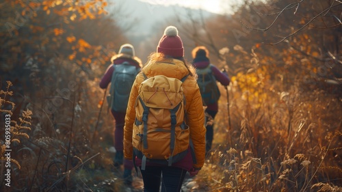 A group of hikers with backpacks walking along a forest path in an autumn forest. View from behind. Hiking, tourism.