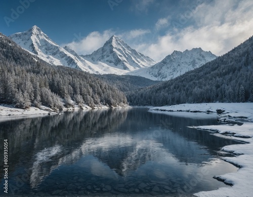 Experience the tranquility of a mountain lake landscape in winter, with snow covering the surrounding peaks. 