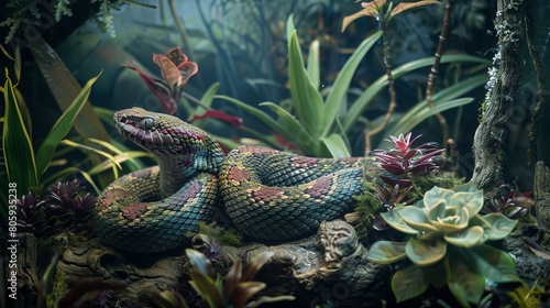 Scaly Companion: A Snake Coiled Up in Its Terrarium photo