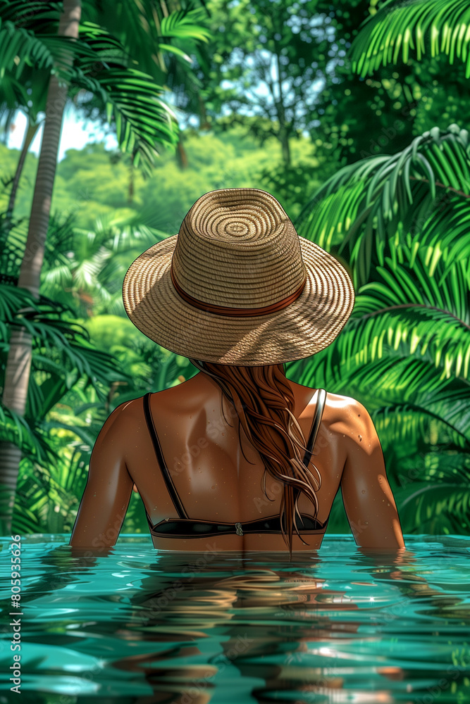 A woman in a bikini is sitting in a pool of water