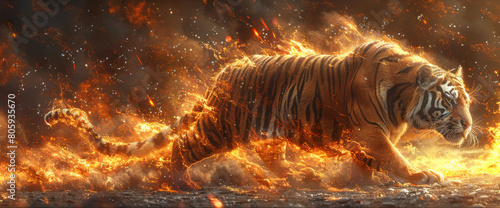 Generative ai illustration of a flaming tiger against black background photo
