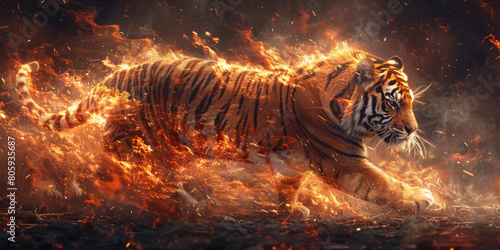Generative ai illustration of a flaming tiger against black background