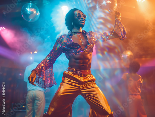 Homme en tenue disco dance sur le dancefloor d'une boîte de nuit dans la lumière d'une boule à facettes photo