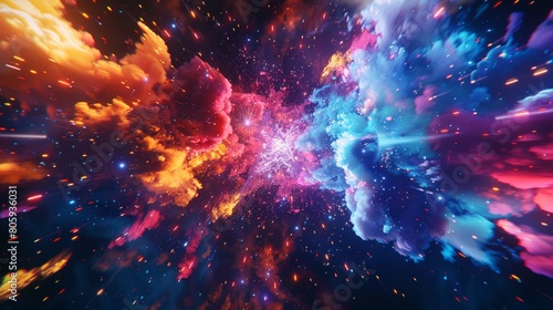 A galaxy collision  with clashing colors  stylized explosions  and BOOM graphics