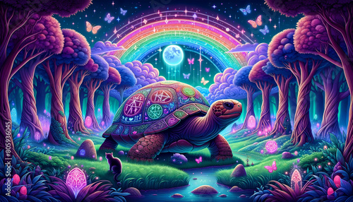 Neon-hued turtle set within a fantastical landscape filled with rainbows