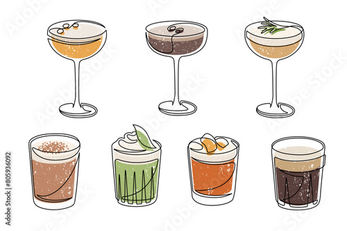 Outline drawing of alcoholic cocktail drinks isolated on white background. Espresso martini, negroni, thai basil, elderflower rosemary, bourbon sour, irish coffee, kaffe karlsson