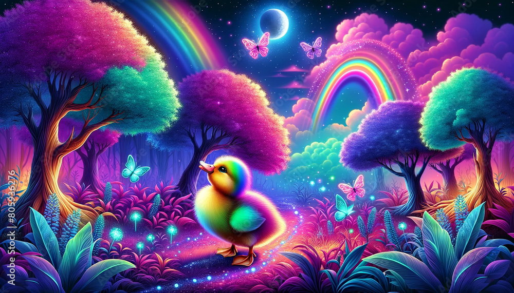 Neon-hued duckling set within a fantastical landscape filled with rainbows