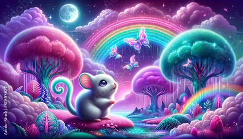 Neon-hued mouse set within a fantastical landscape filled with rainbows