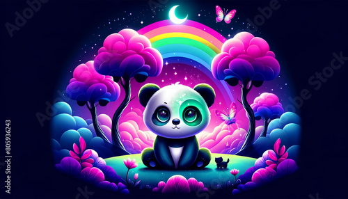 Neon-hued panda set within a fantastical landscape filled with rainbows
