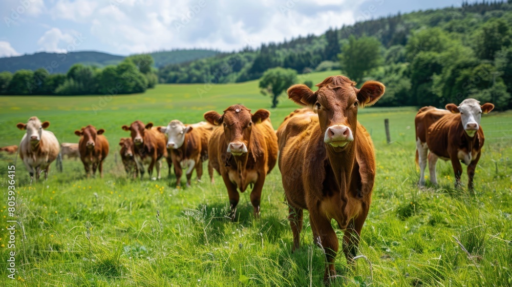 Group cows of herd cattle on grassland agricultural farm. Generated AI image
