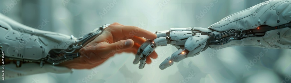 Two robotic hands are touching each other