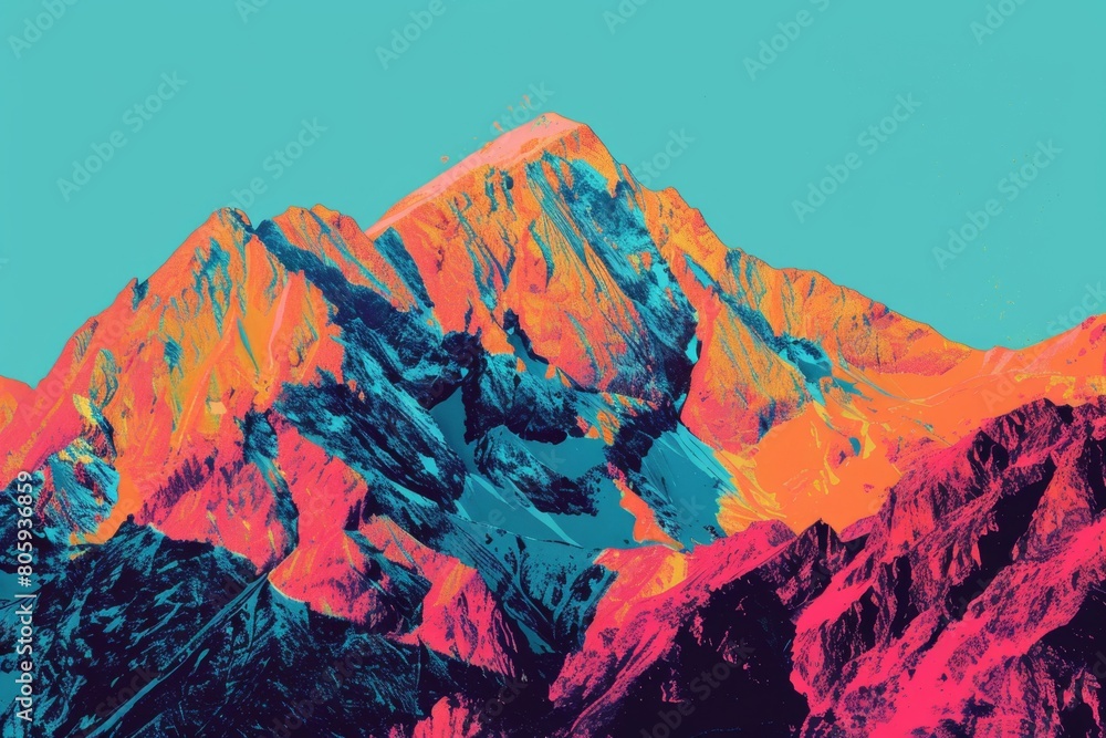 Obraz premium A jagged mountain range in bold pop art colors, contrasting with a bright turquoise sky