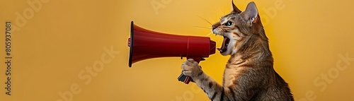 A cat is holding a megaphone and yelling. The cat is on a yellow background and is looking to the left. The cat is holding the megaphone with its right paw. photo