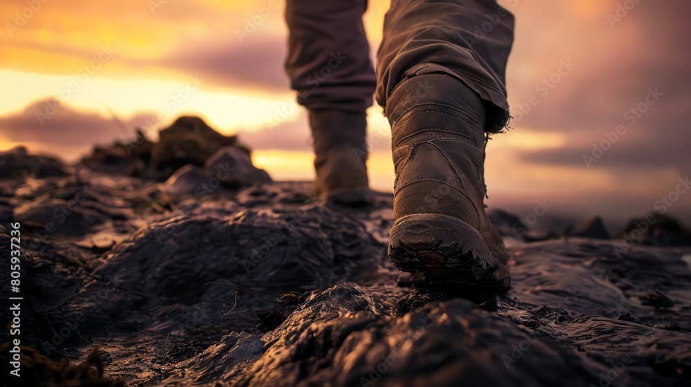 A person hiking on a mountain trail A person hiking on a mountain trail