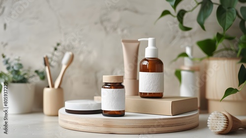Mockup of plastic packaging and bottles with organic natural cosmetics  and one wooden massage brush on a light bathroom background.