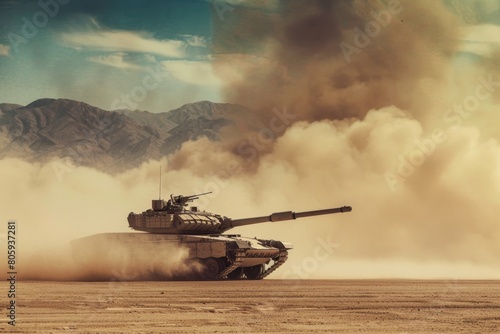 A low-angle shot of an Military tank M1 Abrams charging across a vast desert landscape photo