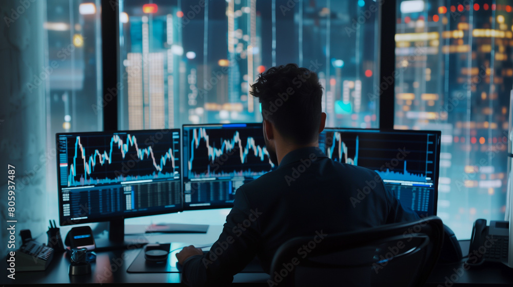 Fototapeta premium Professional Businessman Analyzing Stock Data on Computer Screens in Trading Room Background.