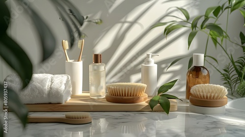 Mockup of plastic packaging and bottles with organic natural cosmetics, and one wooden massage brush on a light bathroom background.