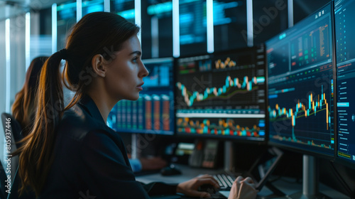 Professional Businesswomen Analyzing Stock Reports on Computer Monitors in Trading Room.