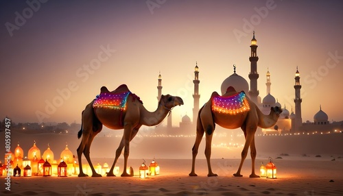 Eid ul adha mubarak theme a rajastani camel in a desert with a lot of islamic lantern lights in different colours around it behind beautiful view of mosque with mountains along eid celebrations photo