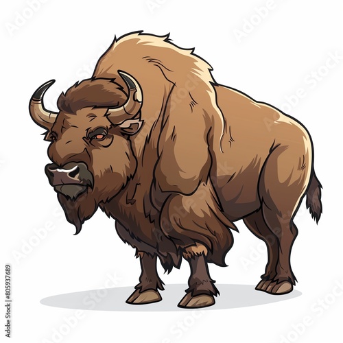 Majestic Cartoon Bison Illustration on White Background, Wildlife Themed Graphic