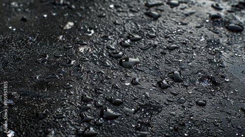 Macro shot of hot asphalt with cold raindrops evaporating quickly, urban temperature clash photo