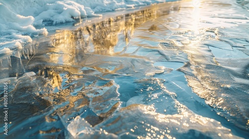 Macro shot of a sunny summer landscape reflected in the icy surface of a frozen lake