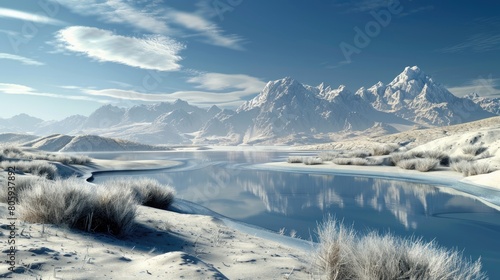 Close-up of a desert scene with a frozen pond, surreal climate contrast