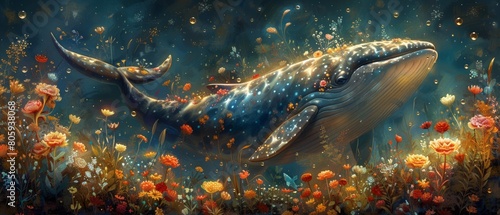 Illustration of a cute little whale with blue skin. Surrounded by seaweed and colorful flowers which is a dreamy image of a little whale