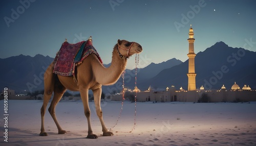 Eid ul adha mubarak theme a rajastani camel in a desert with a lot of islamic lantern lights in different colours around it behind beautiful view of mosque with mountains along eid celebrations photo