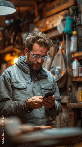 Skilled Carpenter Using Mobile Phone in Workshop
