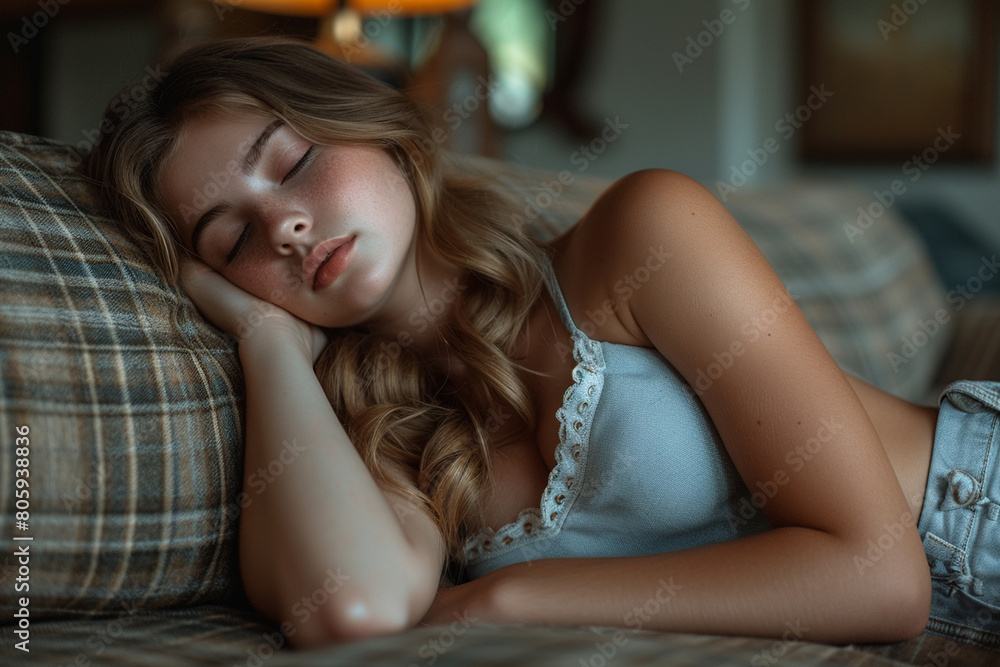Obraz premium Calm millennial woman relaxing on soft comfortable sofa meditating or having daytime nap, carefree lazy girl breathing fresh air enjoying no stress free peaceful weekend morning resting on couch