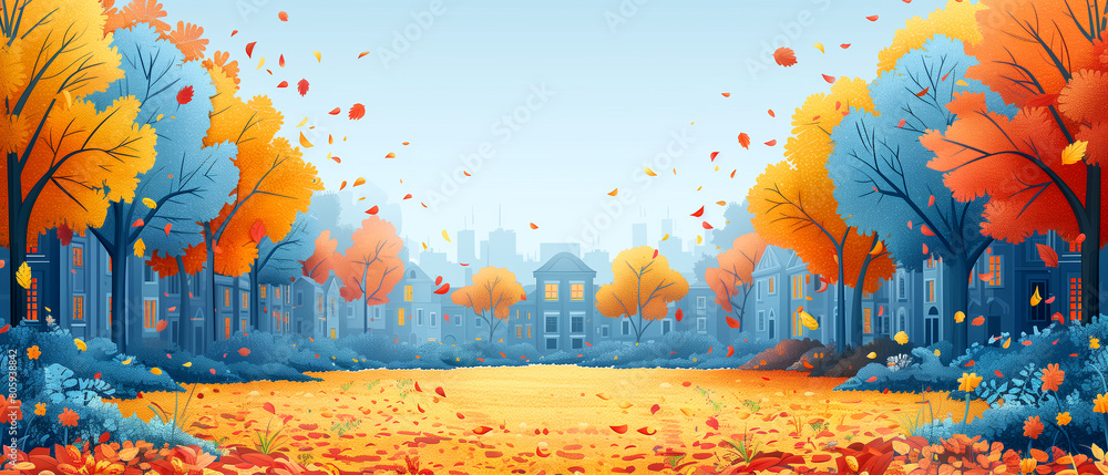 Pixel art of an autumn park with city skyline in the background