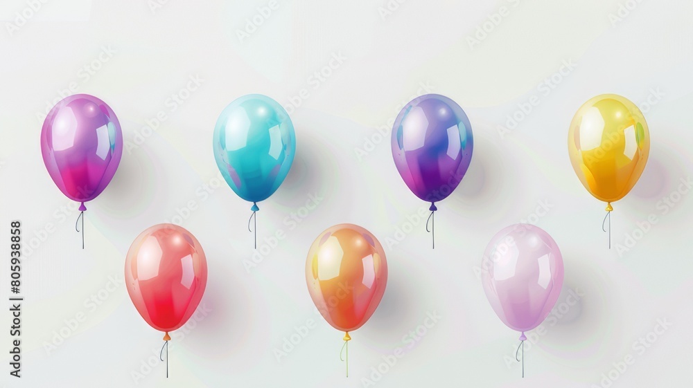 Separately hanging multi-colored balloons on a white background. Concept of holiday, surprise, celebration.